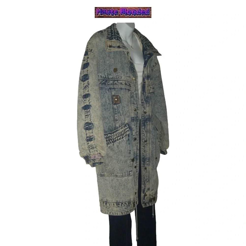 Vintage 80's Acid Wash Denim Long Warm Trench Coat Aztec e-girl alt Grunge Punk